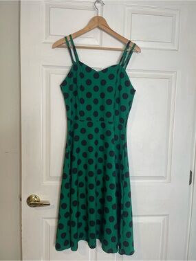 Green Polka Dot Midi Dress - Double Strap spooky girl, goblin core gothic whimsy